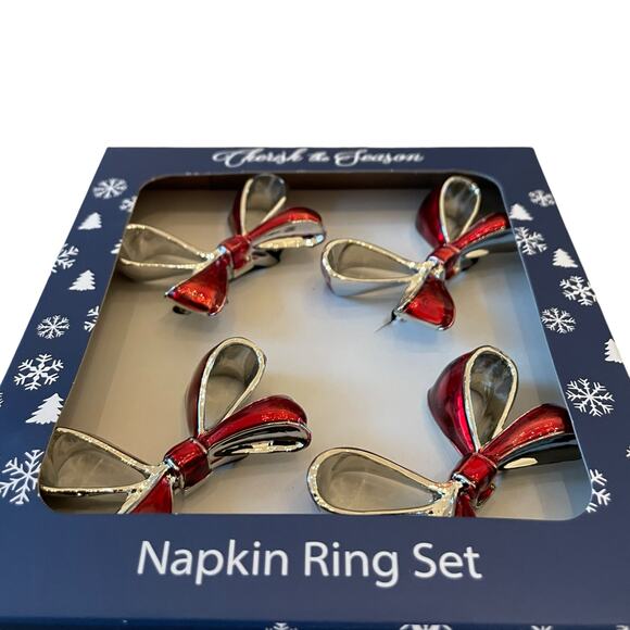 Christmas RED BOW Napkin Rings Set of 4 Silver Holiday Glam Cherish the Season - Picture 7 of 7
